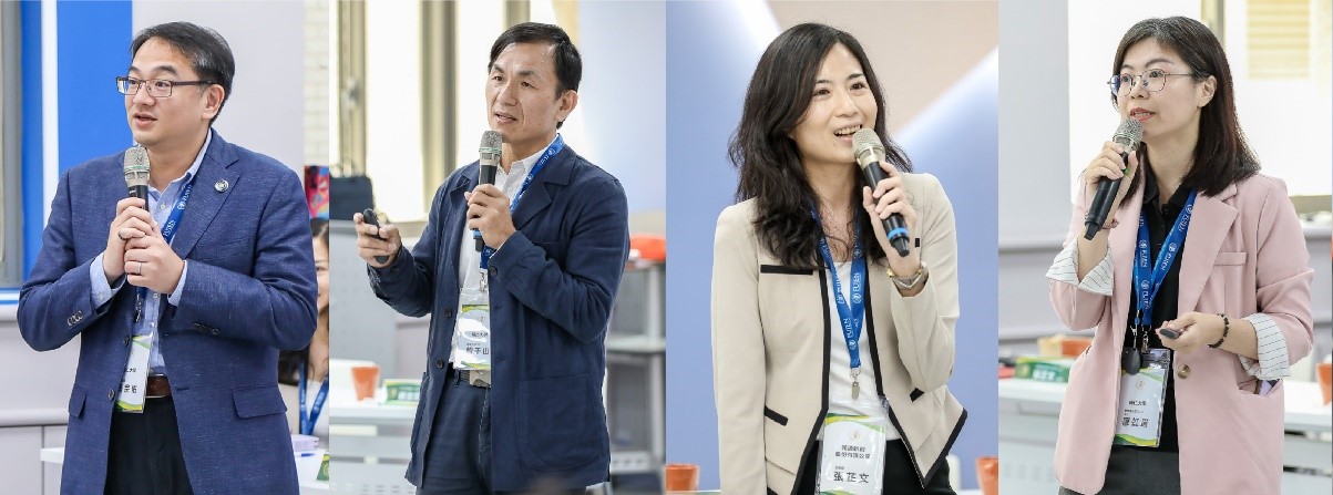 輔仁大學蔡宗佑教務長(左一)與專業團隊介紹ESG的概念與輔大研發能量